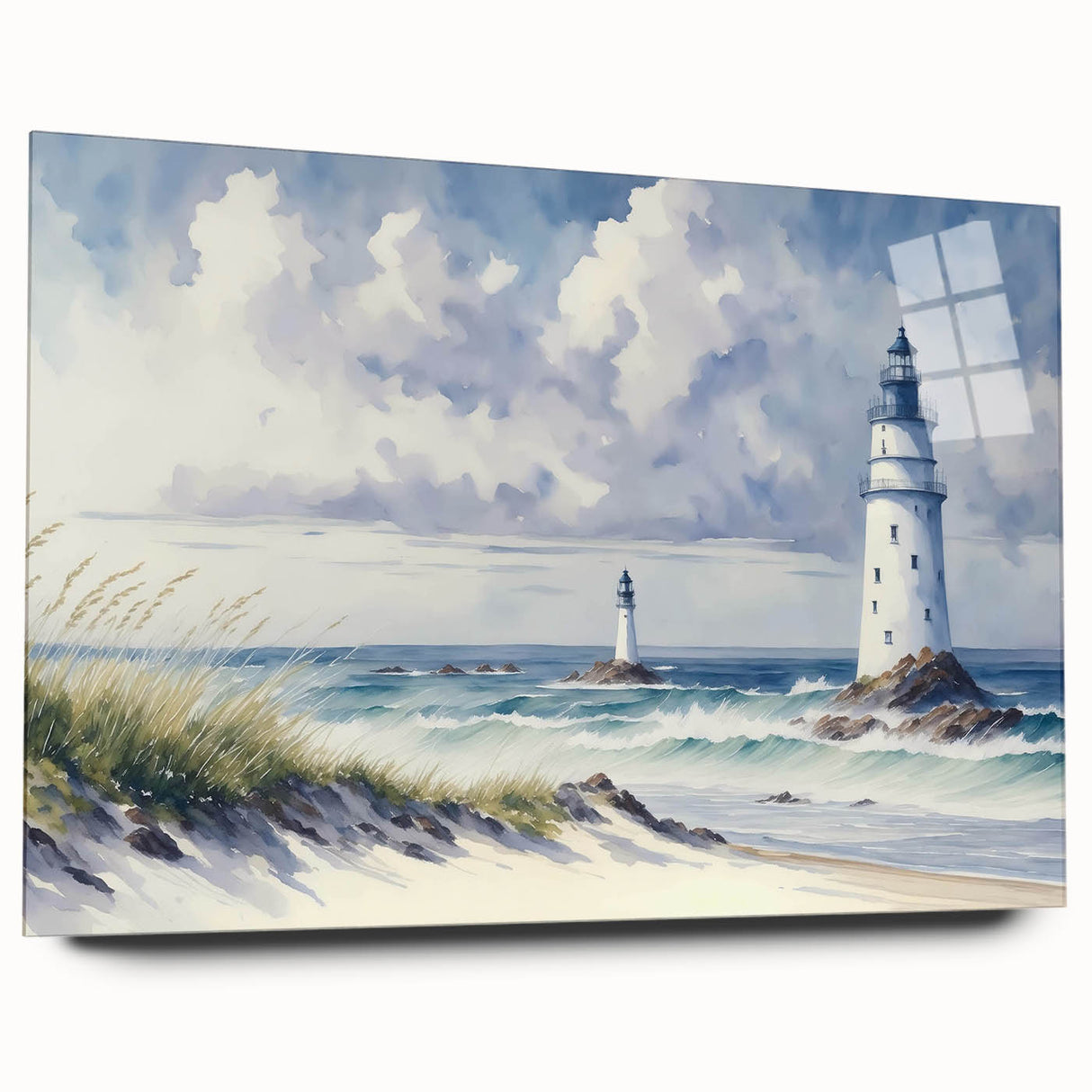 Acrylic glass wall art featuring a vibrant landscape design of a lighthouse by the sea, showcasing vivid colors and a side view without pins, perfect for coastal decor.