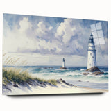 Acrylic glass wall art featuring a vibrant landscape design of a lighthouse by the sea, showcasing vivid colors and a side view without pins, perfect for coastal decor.