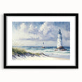 Framed black wall art featuring a lighthouse design against a serene landscape, ideal for coastal decor, showcasing a modern aesthetic with a mat border.