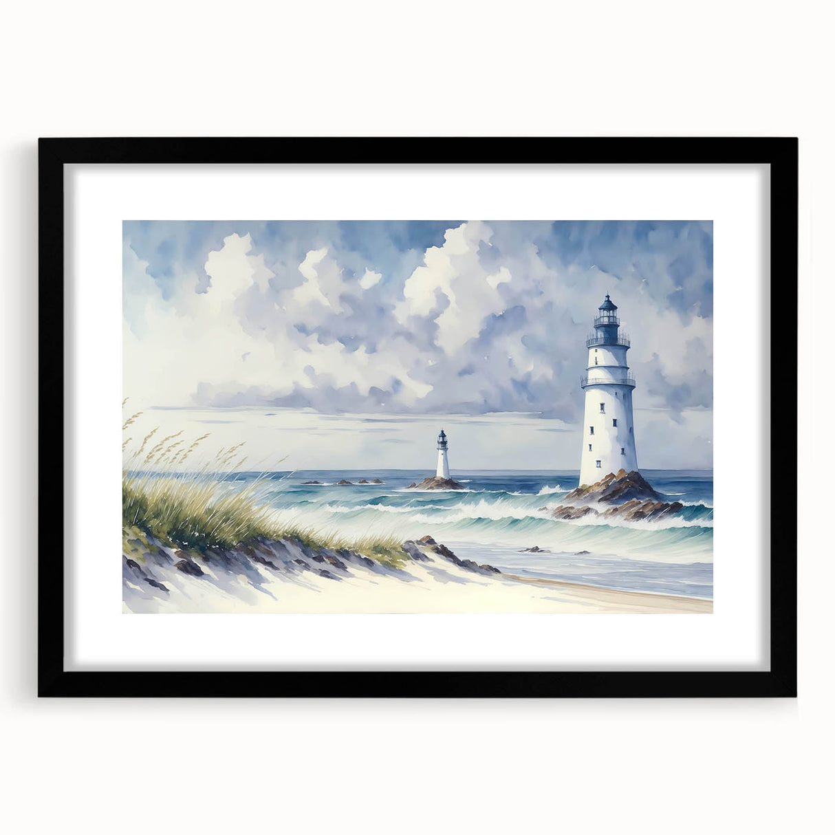 Framed black wall art featuring a lighthouse design against a serene landscape, ideal for coastal decor, showcasing a modern aesthetic with a mat border.
