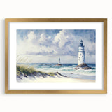 Golden-framed wall art featuring a serene lighthouse landscape design, elegantly matted, perfect for coastal-themed decor. Ideal for enhancing living spaces with nautical charm.