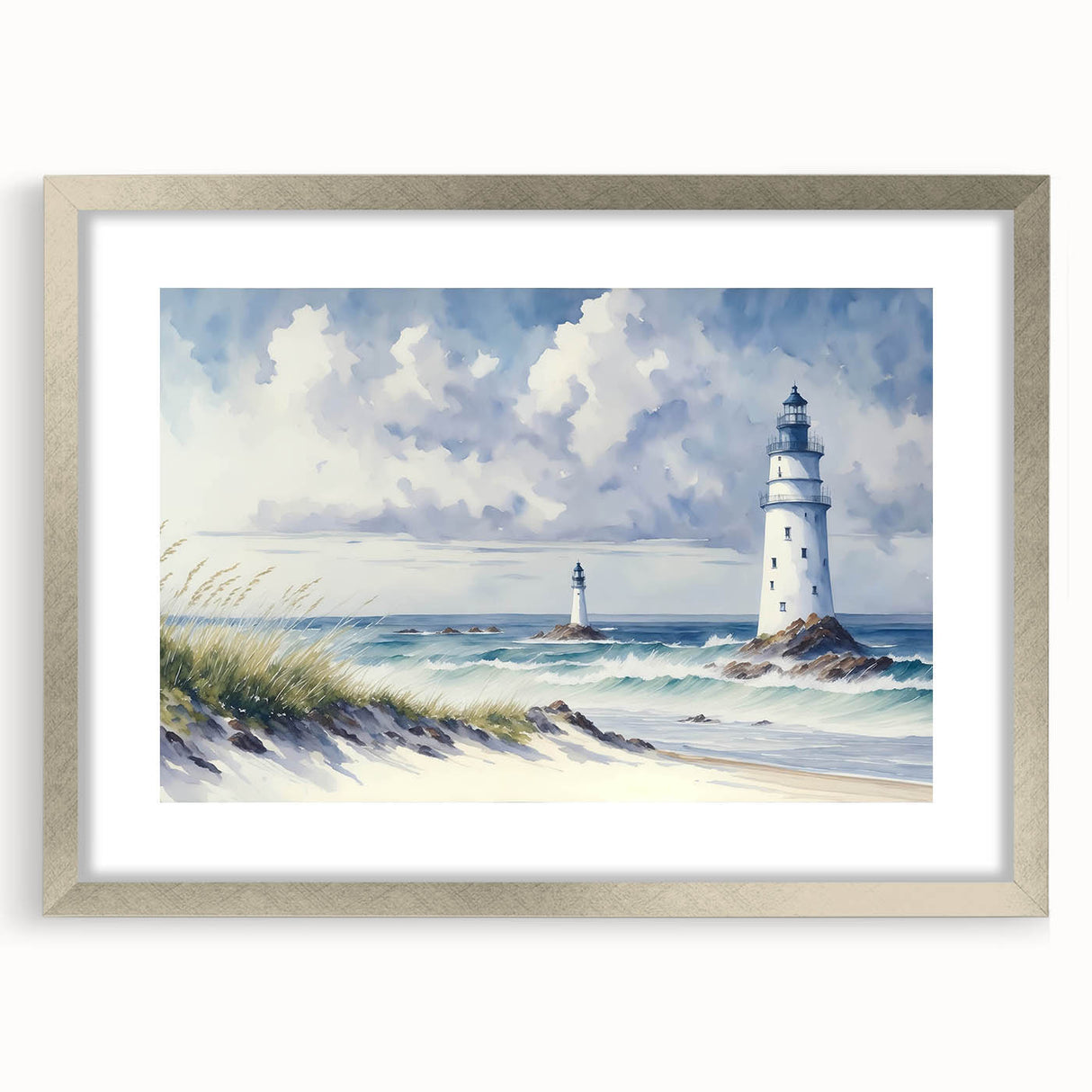 Framed silver wall art featuring a serene lighthouse landscape design, complete with a white mat, ideal for coastal-themed decor in homes or offices.
