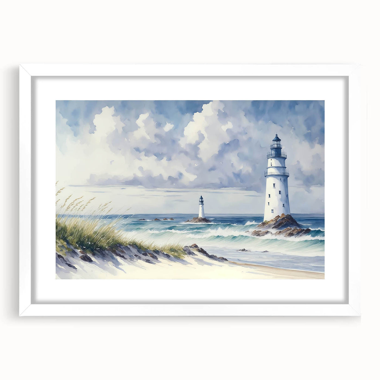Framed wall art featuring a serene lighthouse landscape design with a white mat, perfect for coastal-themed decor, showcasing calming ocean colors and natural scenery.