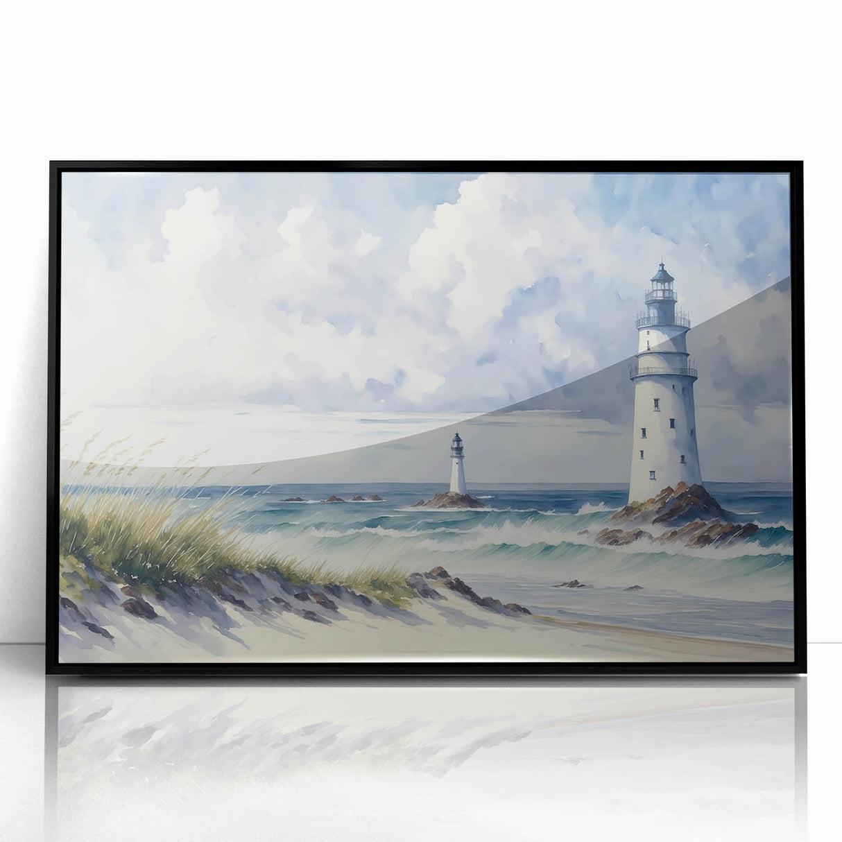 Framed acrylic wall art featuring a serene lighthouse design with vibrant colors, set against a coastal landscape, perfect for home decor enthusiasts.