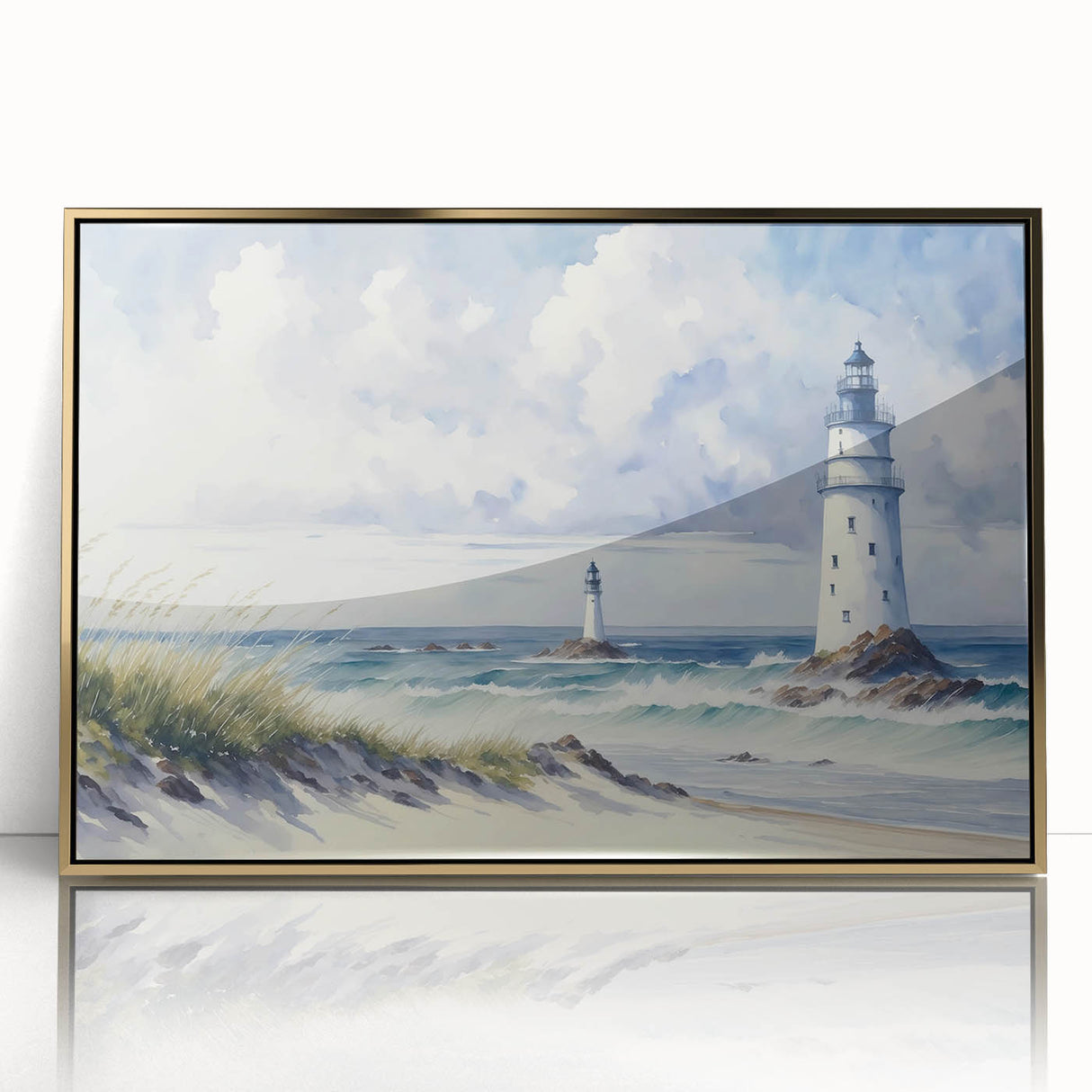 Framed wall art collection showcasing a coastal landscape with a lighthouse, featuring gold acrylic accents and a modern design, perfect for home decor.
