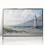 Framed acrylic wall art featuring a serene lighthouse design, elegantly set against a coastal landscape with soft blue and gray tones, perfect for home decor.