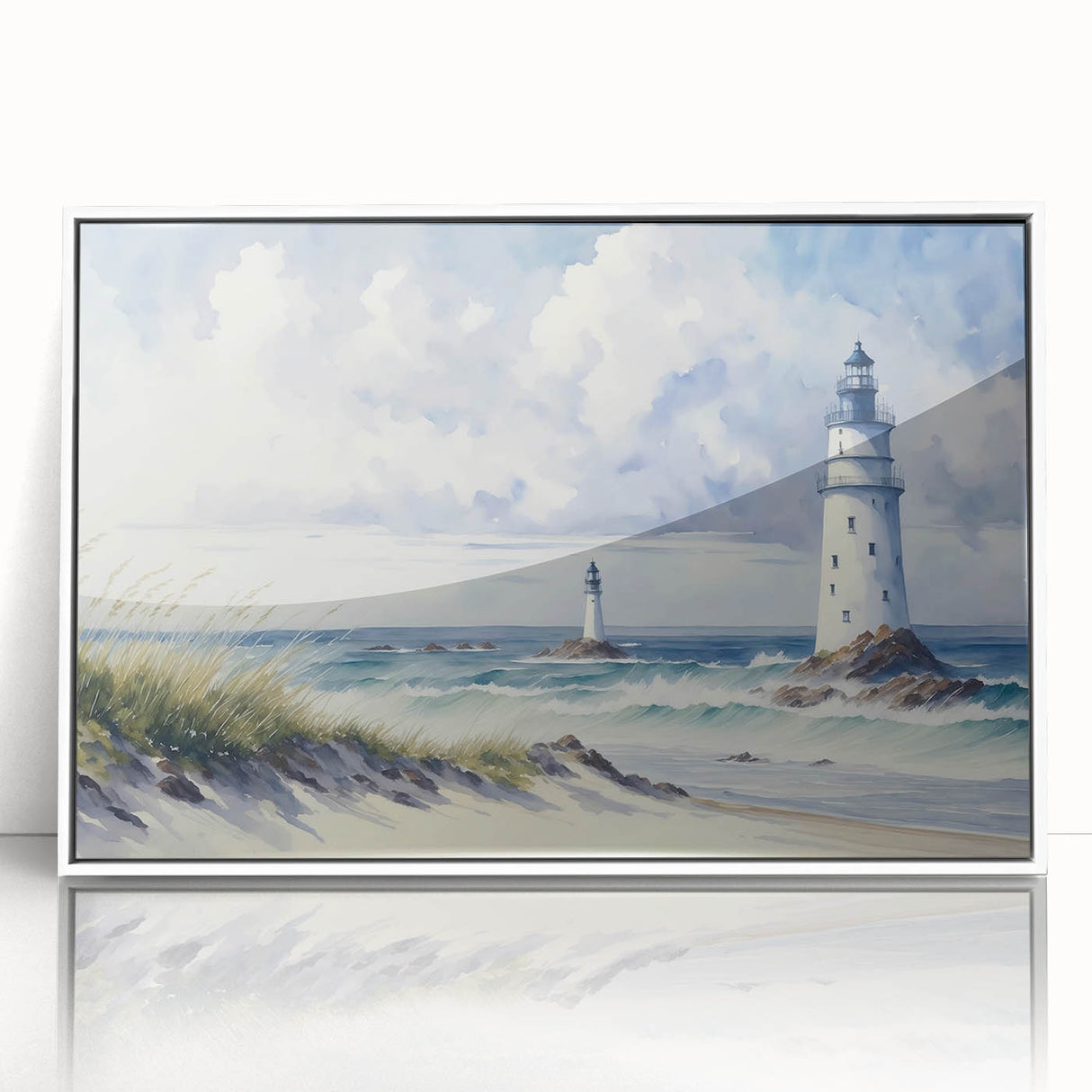 Framed wall art featuring a serene lighthouse landscape design in vibrant colors, set against a white background, ideal for coastal-themed home decor.