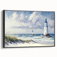 Framed canvas artwork depicting a serene lighthouse landscape design with a calming blue sky and ocean scene, elegantly showcasing vibrant colors and intricate details.
