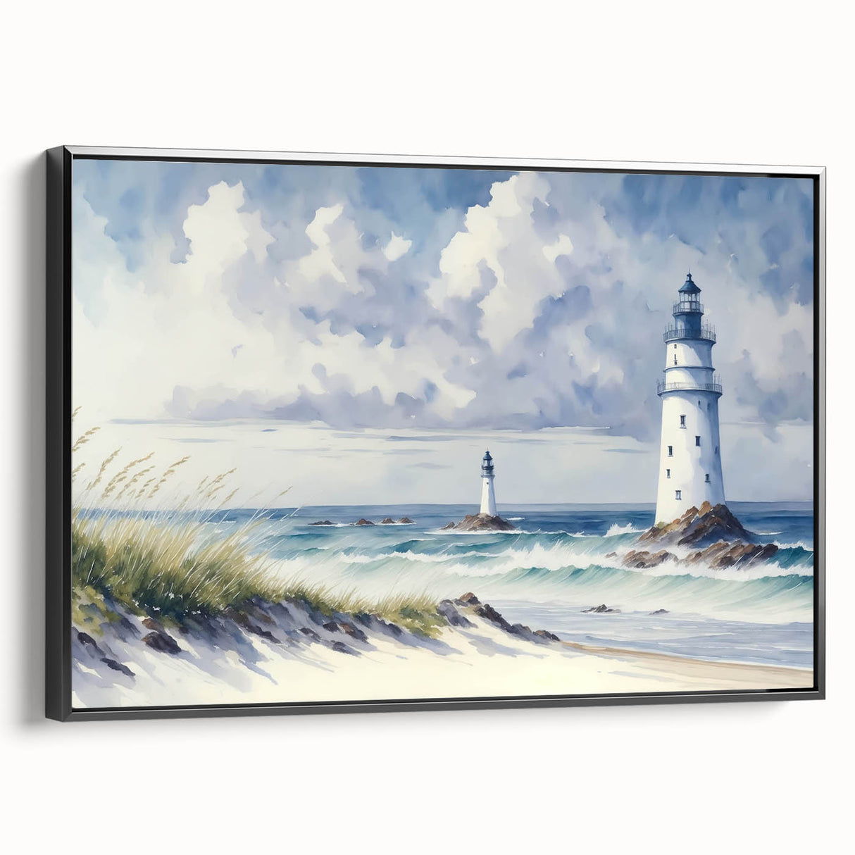 Framed canvas artwork depicting a serene lighthouse landscape design with a calming blue sky and ocean scene, elegantly showcasing vibrant colors and intricate details.