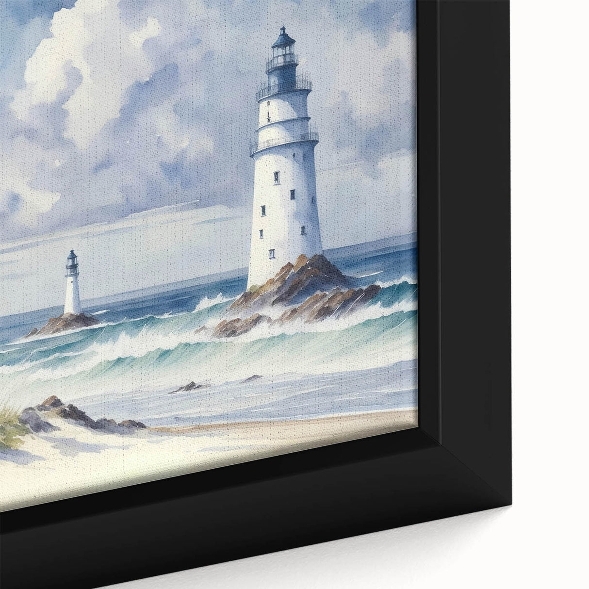 Close-up of a beautifully framed canvas wall art featuring a serene lighthouse landscape design, showcasing vibrant colors and intricate details, perfect for coastal decor enthusiasts.