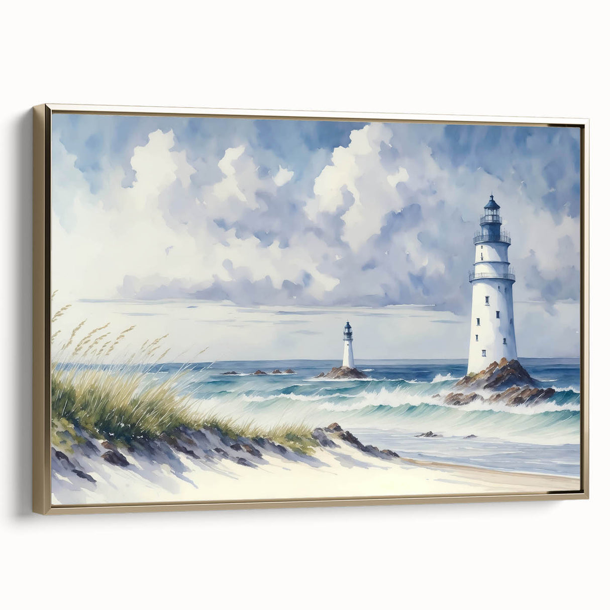 Framed canvas wall art featuring a coastal lighthouse design, adorned with golden accents, set against a serene landscape background, perfect for home decor.