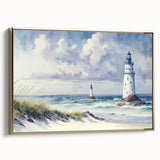 Framed canvas wall art featuring a coastal lighthouse design, adorned with golden accents, set against a serene landscape background, perfect for home decor.