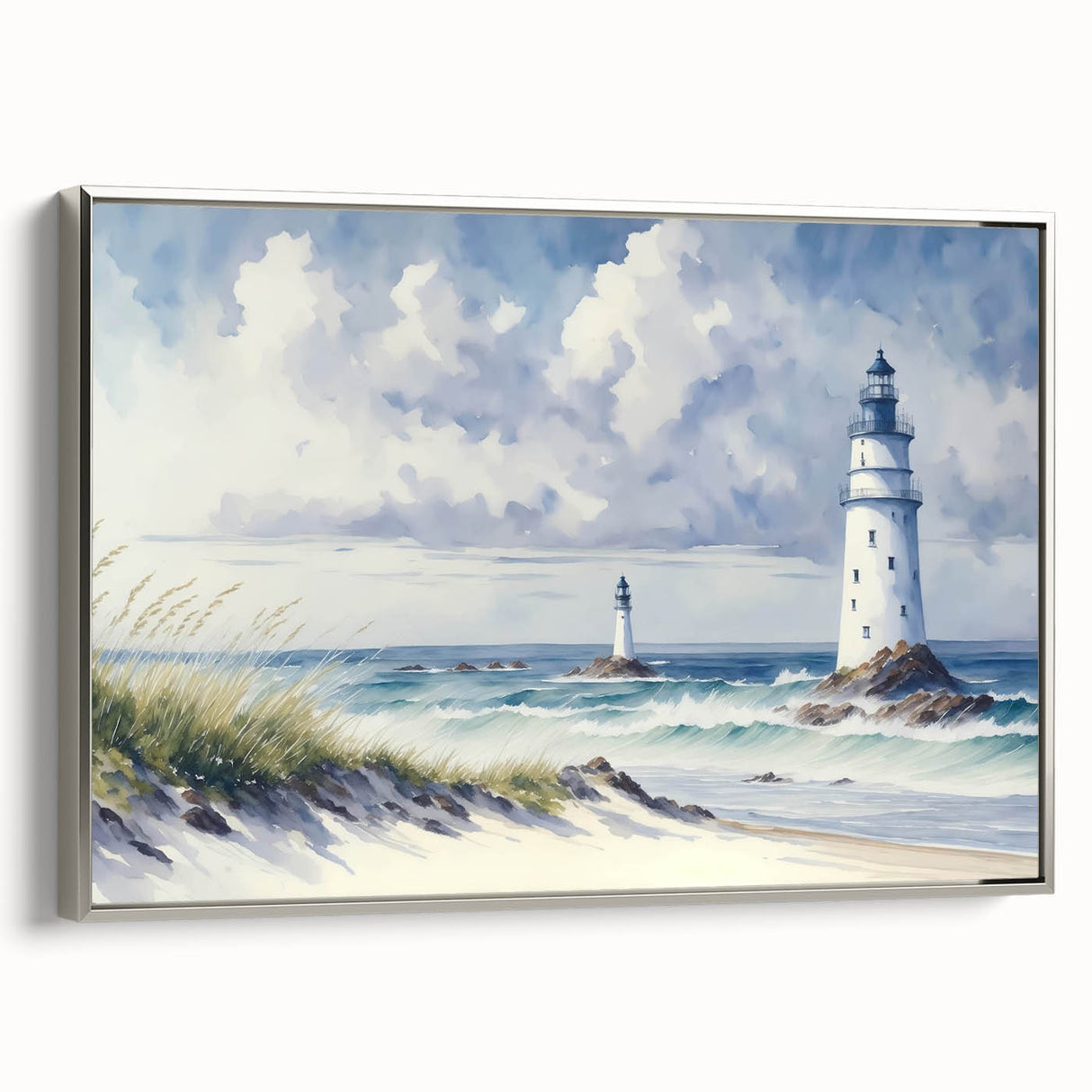 Framed canvas wall art featuring a silver lighthouse design, showcasing intricate details and vibrant colors, perfect for coastal-themed home decor.