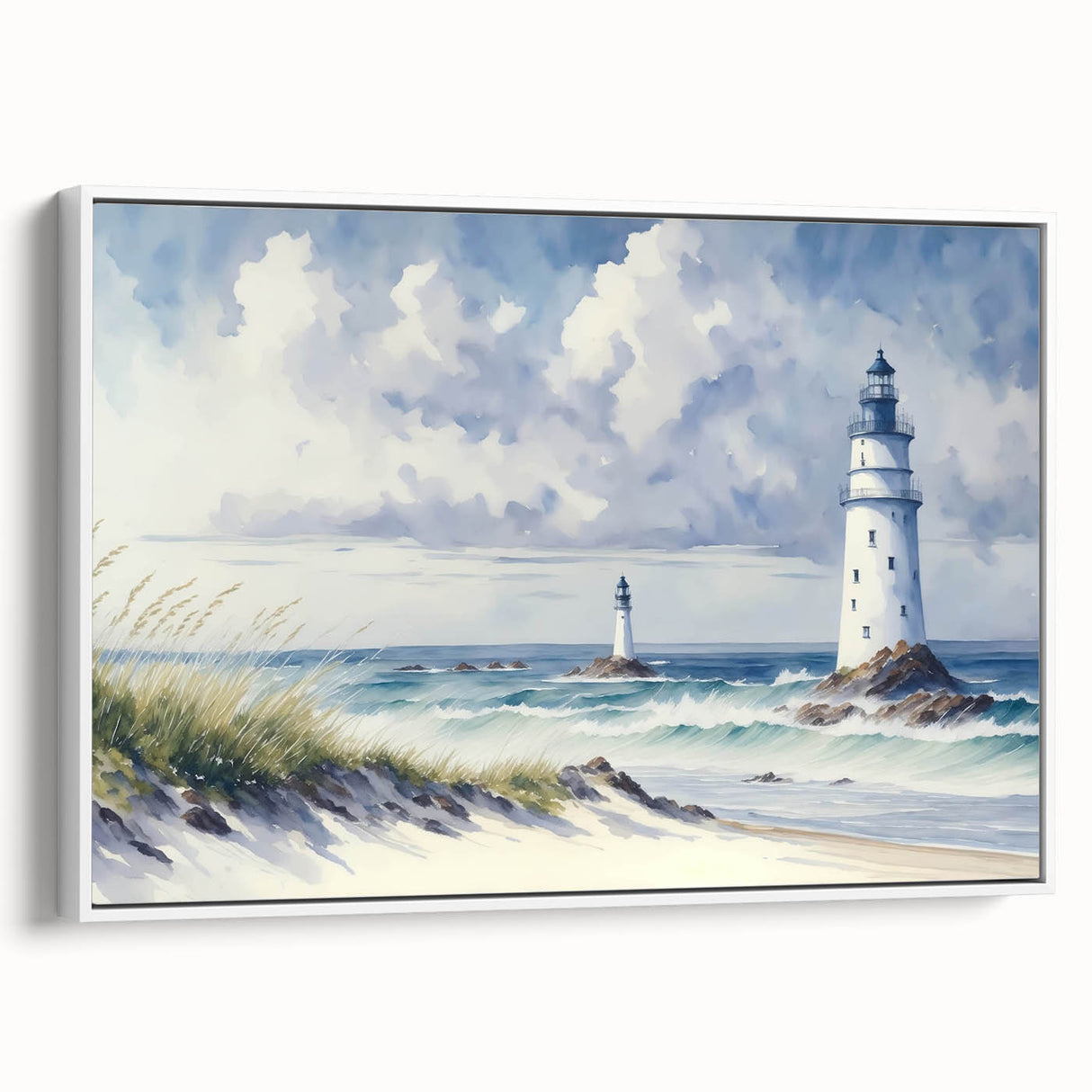 Framed canvas wall art showcasing a serene lighthouse in a coastal landscape, featuring vibrant colors and a modern design, perfect for home decor.
