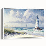 Framed canvas wall art showcasing a serene lighthouse in a coastal landscape, featuring vibrant colors and a modern design, perfect for home decor.