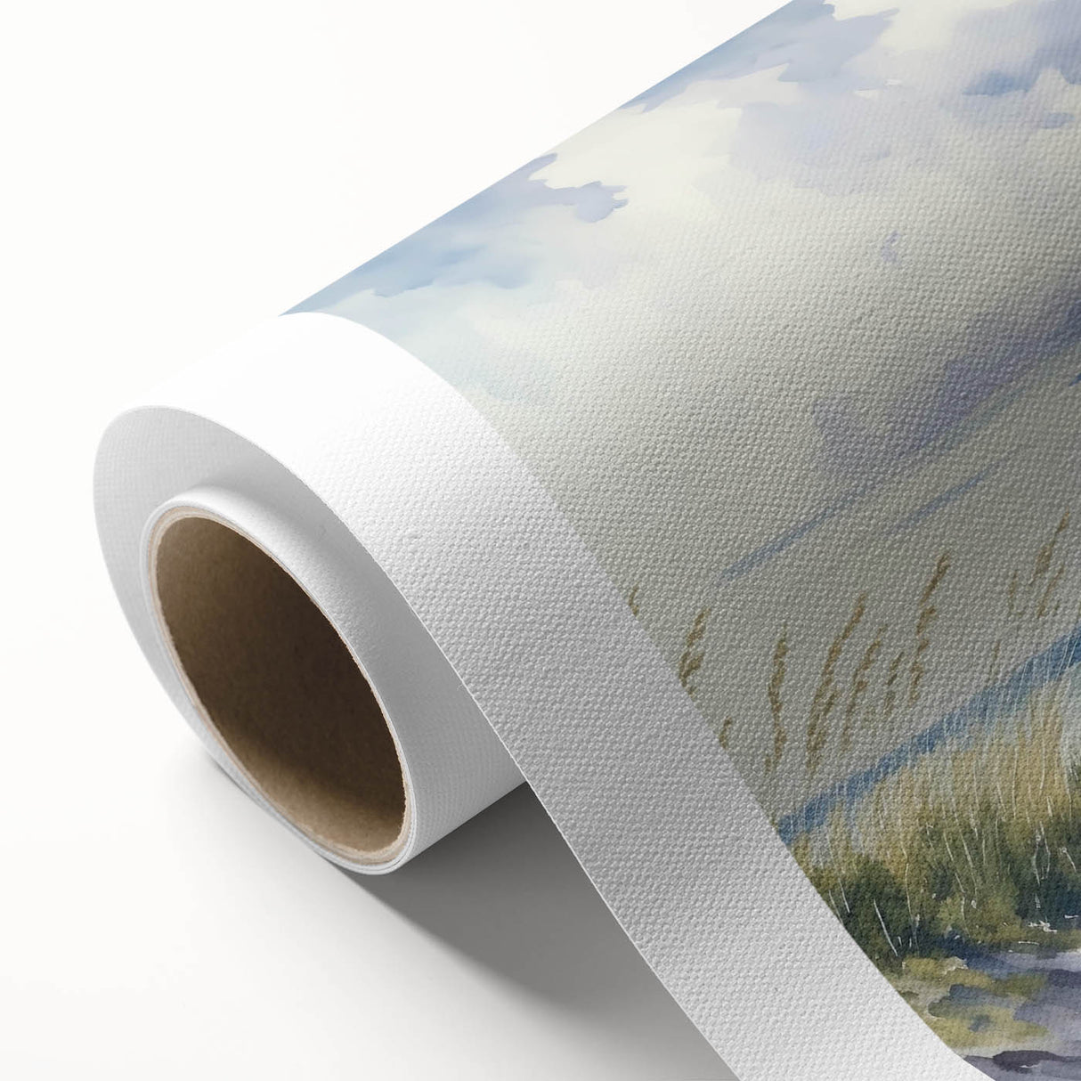 Vibrant rolled canvas wall art showcasing a serene lighthouse landscape design, perfect for coastal decor. The artwork features soft blues and warm sunset hues, enhancing any living space with a touch of tranquility.
