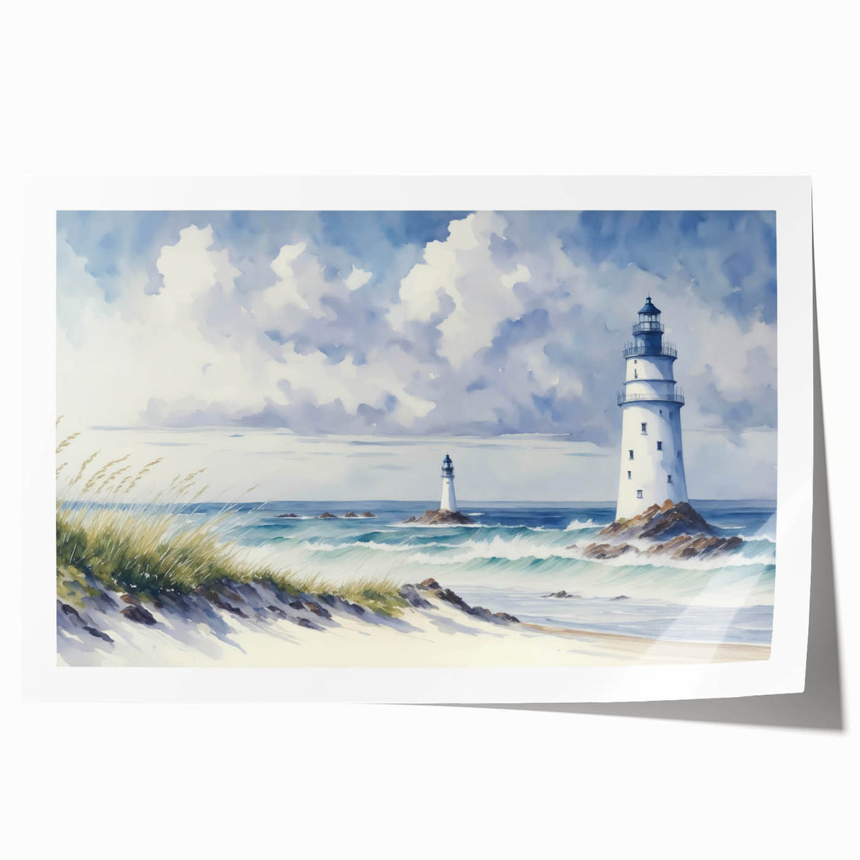 Lighthouse design wall art print showcasing vibrant coastal colors, perfect for home decor, rolled for easy framing and display in a stylish setting.