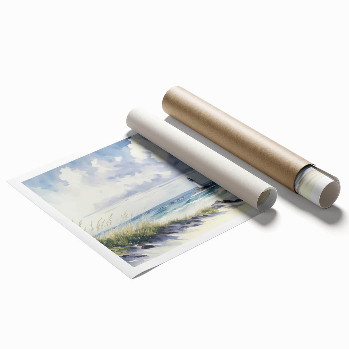 Colorful landscape wall art featuring a lighthouse design, showcasing vibrant hues and intricate details, rolled and ready for display in a home or office setting.