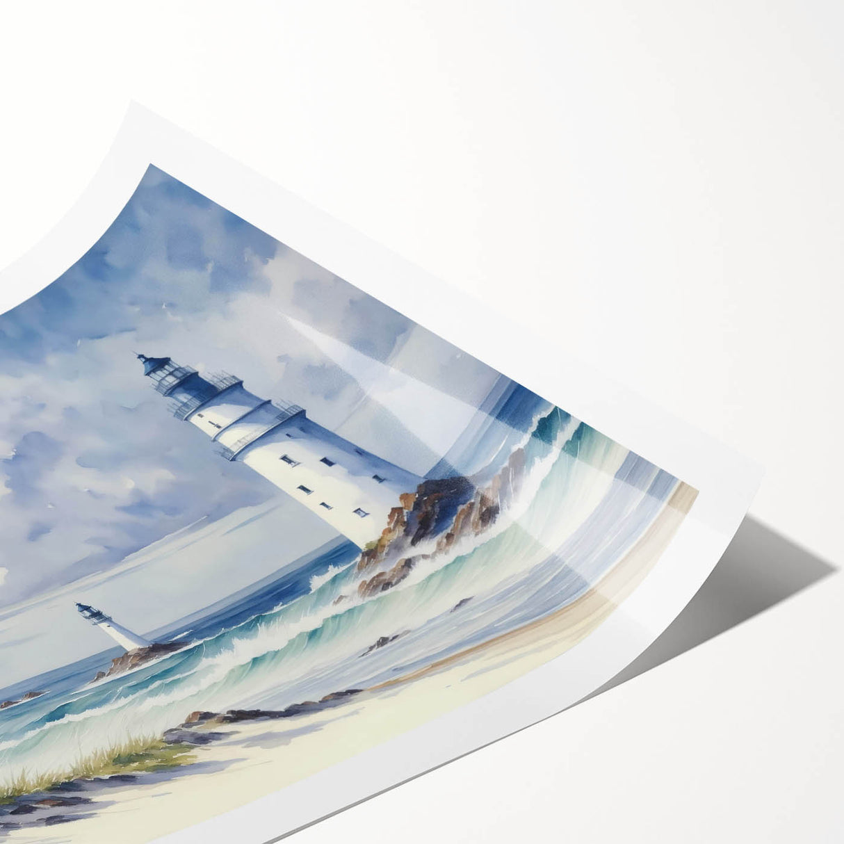Rolled print showcasing a serene landscape with a lighthouse, vibrant colors, and intricate details, perfect for coastal home decor or art collection.