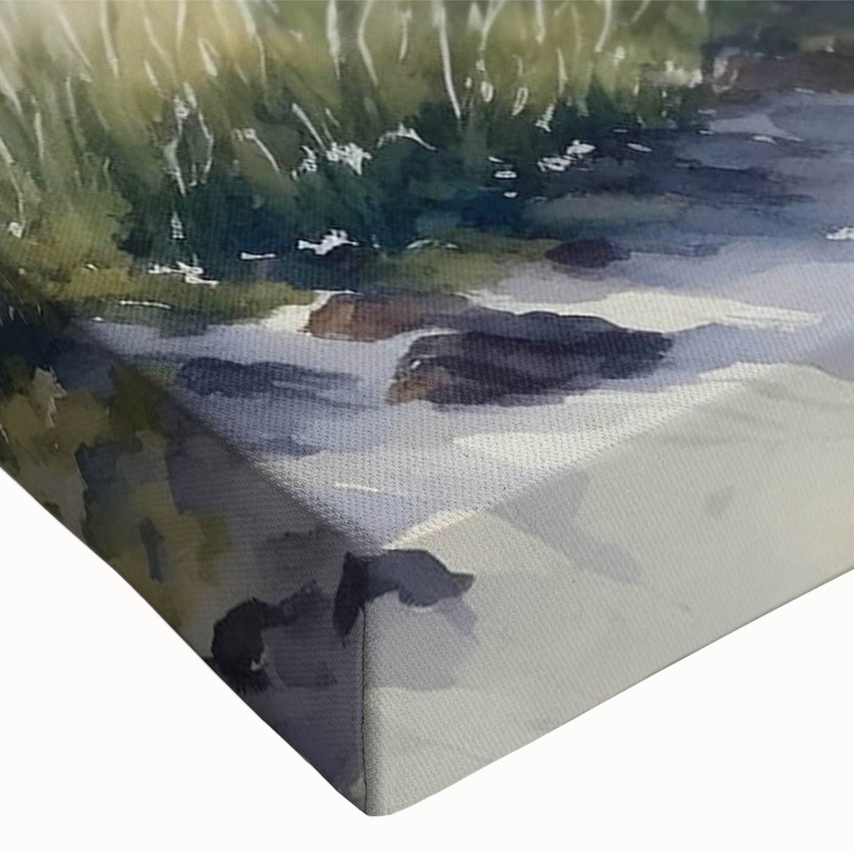Close-up of a stretched canvas wall art piece showcasing a serene lighthouse landscape design, featuring vibrant colors and intricate details, perfect for coastal decor.