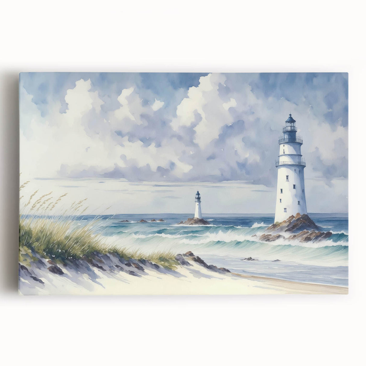 Stretched canvas wall art showcasing a vibrant lighthouse design against a serene landscape, perfect for coastal-themed decor and home ambiance.