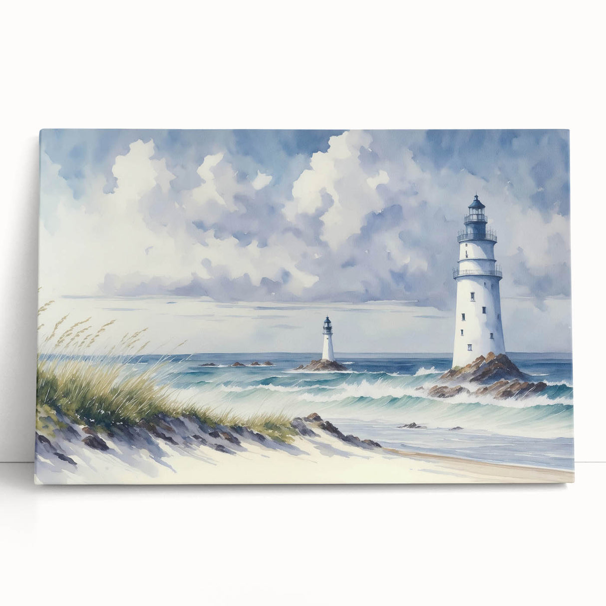 Stretched canvas wall art depicting a serene lighthouse landscape at sunset, featuring vibrant colors and soft brushstrokes, perfect for coastal decor enthusiasts.