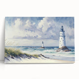 Stretched canvas wall art depicting a serene lighthouse landscape at sunset, featuring vibrant colors and soft brushstrokes, perfect for coastal decor enthusiasts.