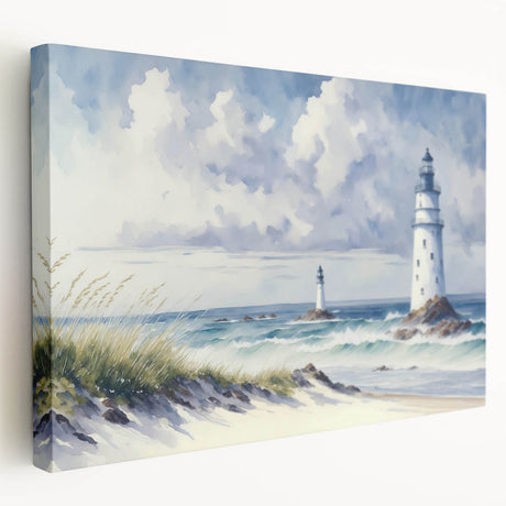 Stretched canvas wall art depicting a serene lighthouse scene at sunset, featuring vibrant colors and intricate details, perfect for coastal home decor.