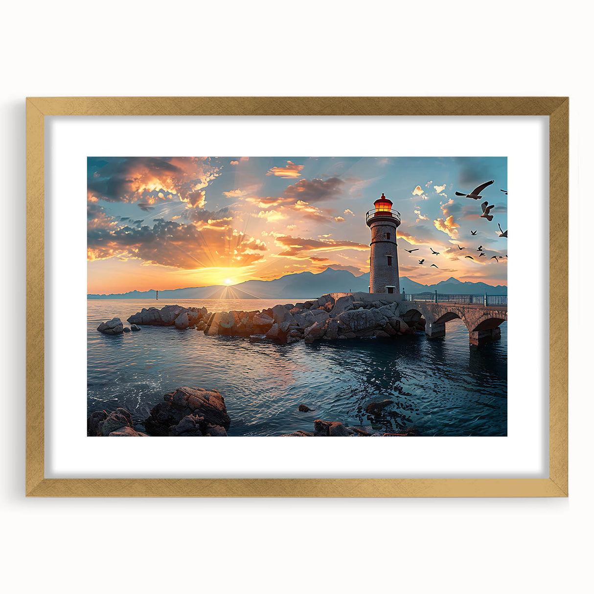 Framed wall art featuring a serene lighthouse landscape design with a gold mat, ideal for coastal-themed decor, showcasing tranquil ocean hues and elegant framing.