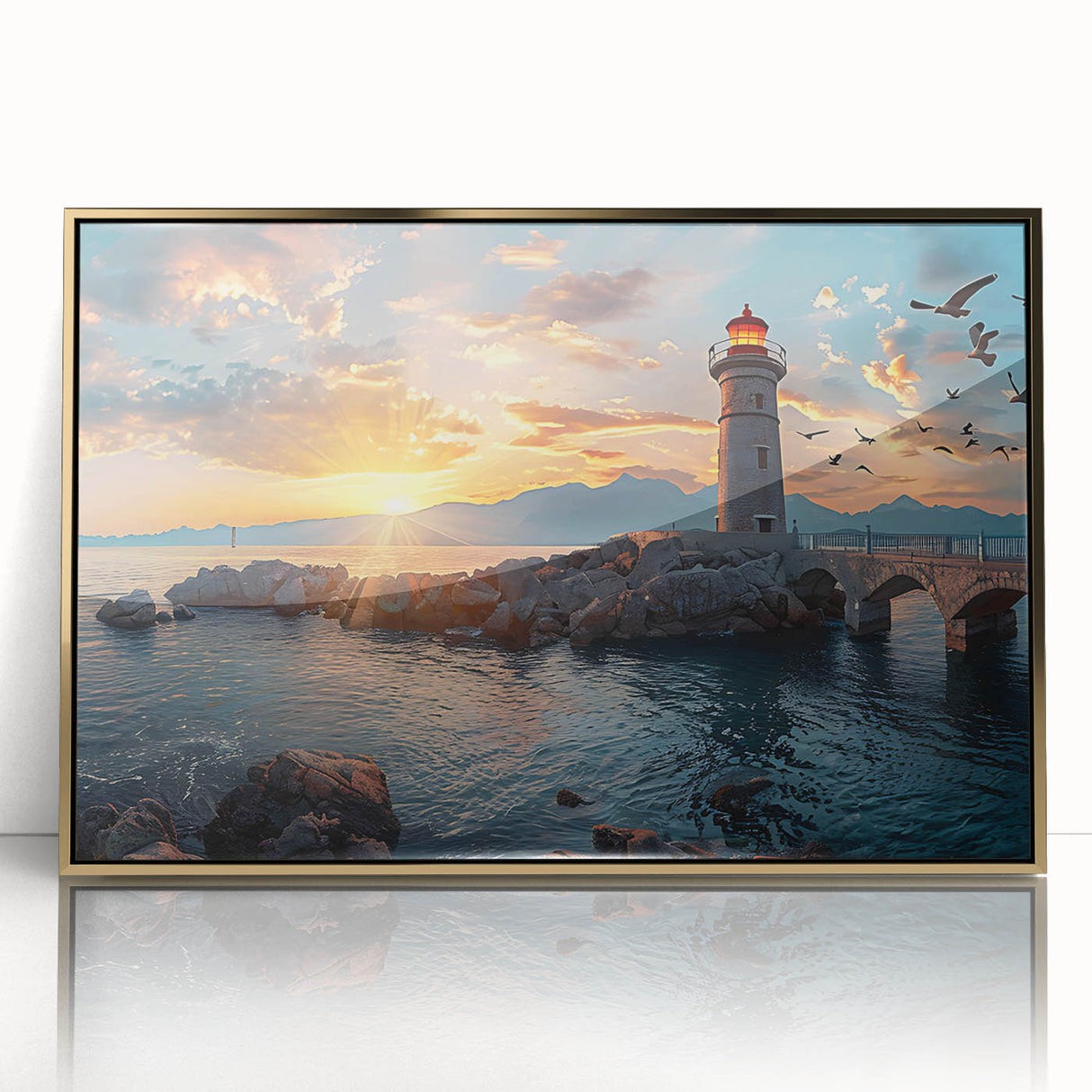 Framed acrylic wall art showcasing a golden lighthouse design with vibrant landscapes, perfect for coastal-themed decor in modern interiors.