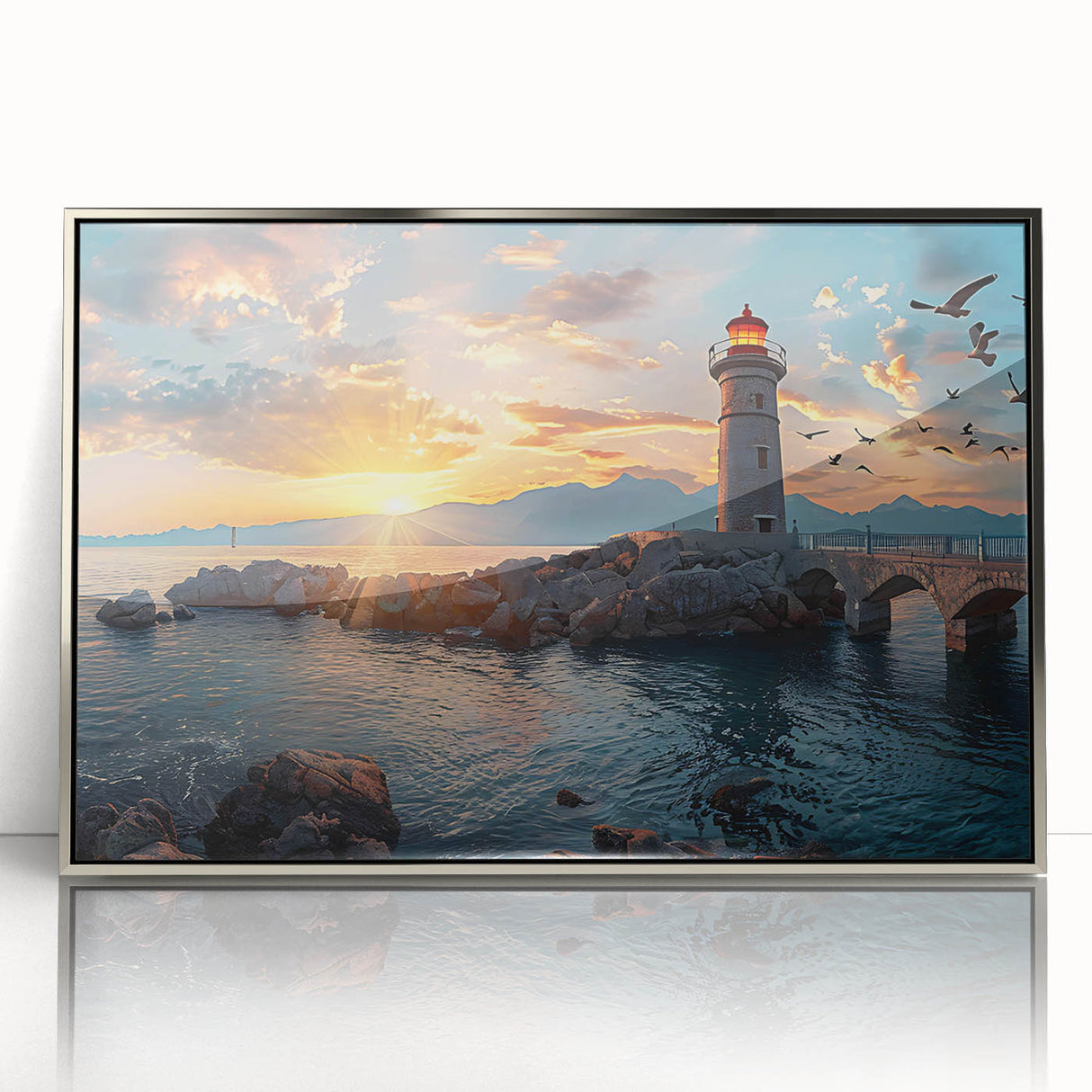 Framed acrylic wall art featuring a serene lighthouse design, showcasing vibrant colors and intricate details, perfect for coastal-themed home decor.