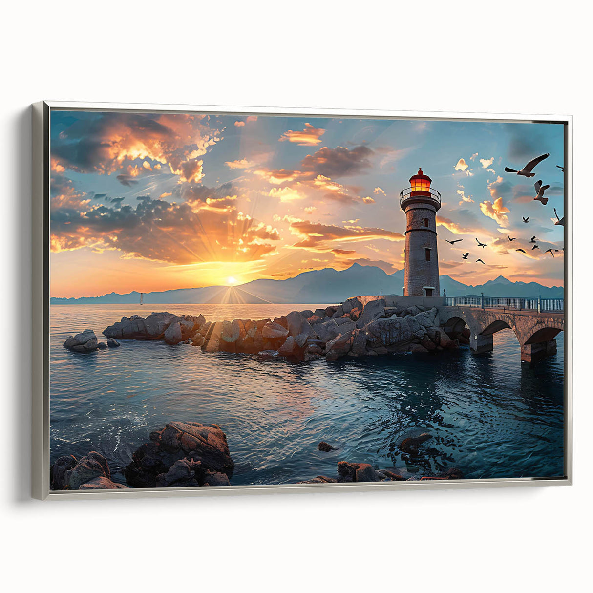 Framed canvas wall art showcasing a serene lighthouse landscape design with silver accents, perfect for coastal-themed decor. Ideal for enhancing living spaces.