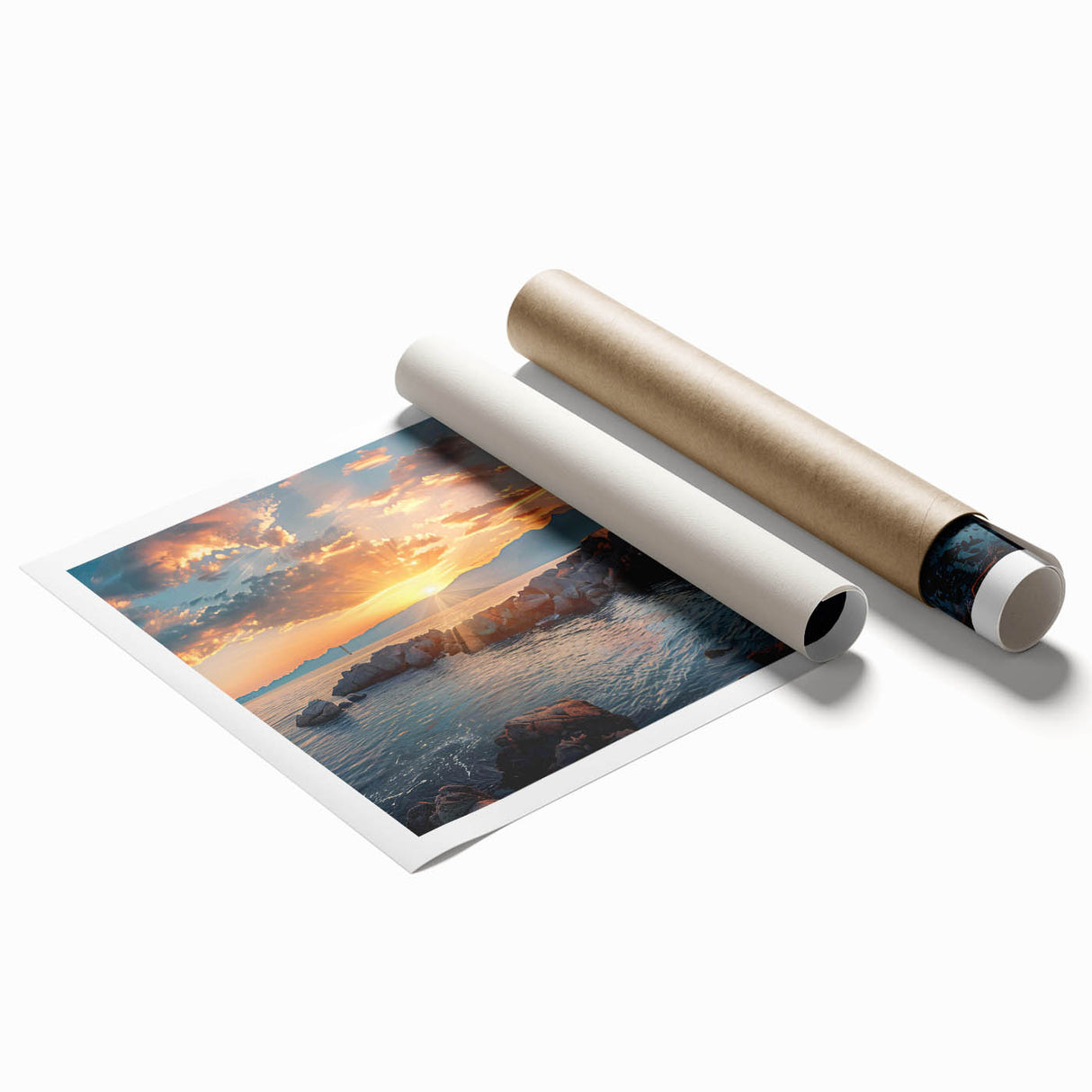 Scenic rolled wall art print showcasing a serene lighthouse landscape design, featuring vibrant colors and intricate details, perfect for coastal-themed decor.