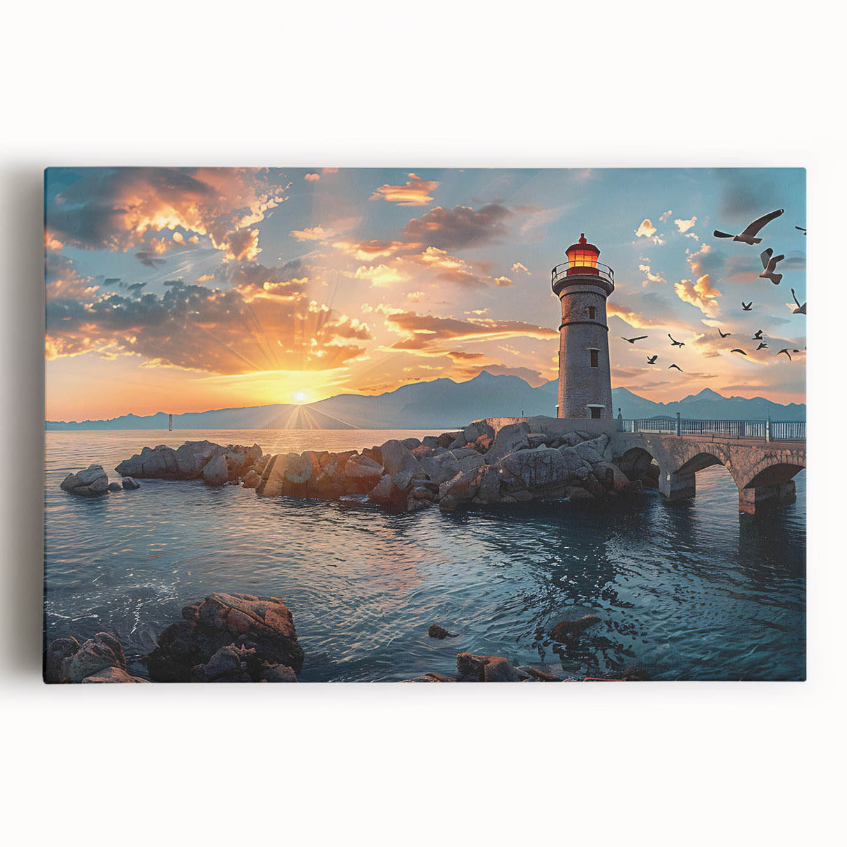 Stretched canvas wall art showcasing a serene lighthouse design against a vibrant sunset, perfect for coastal-themed decor. Ideal for adding warmth and tranquility to any room.