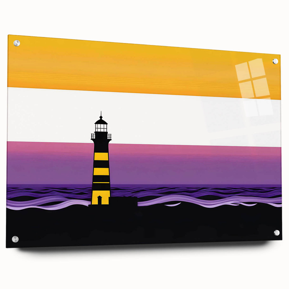 Acrylic glass wall art featuring a vibrant landscape design of a lighthouse, showcasing intricate details and colors, ideal for coastal home decor.