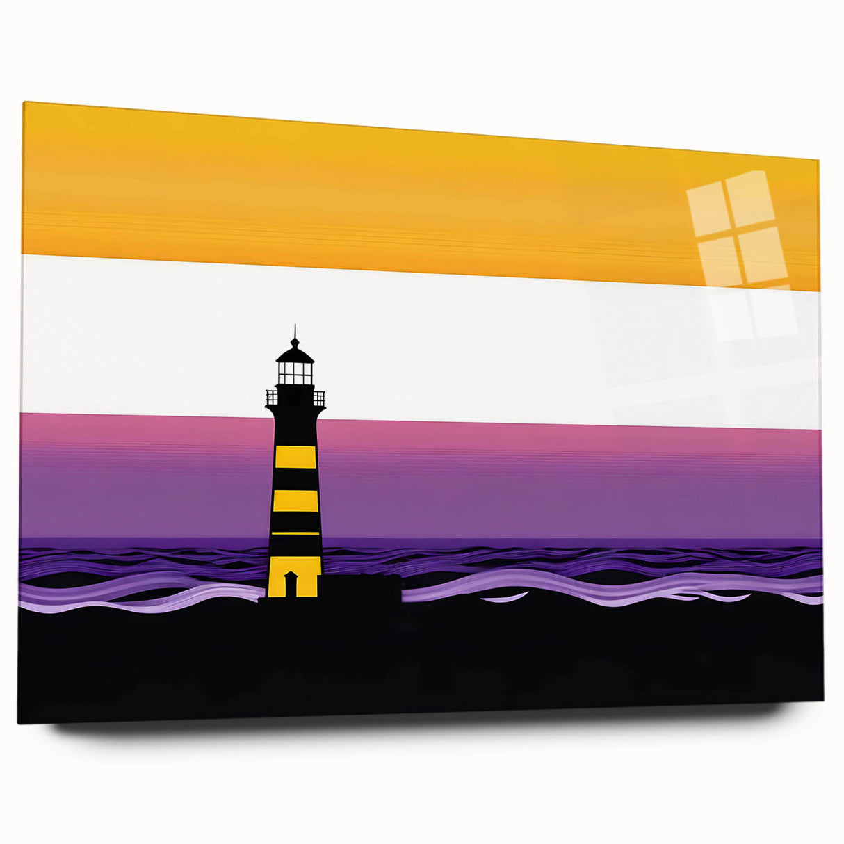 Acrylic glass wall art featuring a serene lighthouse landscape design, showcasing vibrant colors and intricate details, perfect for coastal-themed decor.