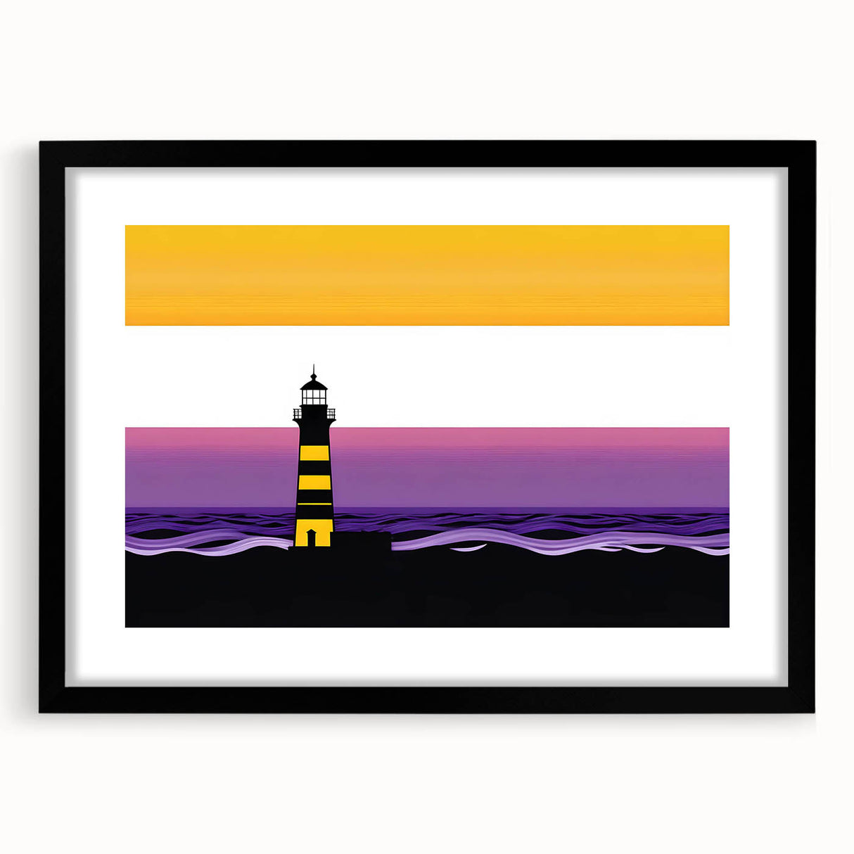 Black-framed wall art featuring a serene lighthouse landscape design, showcasing vibrant colors and intricate details, perfect for coastal decor enthusiasts.