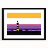 Black-framed wall art featuring a serene lighthouse landscape design, showcasing vibrant colors and intricate details, perfect for coastal decor enthusiasts.