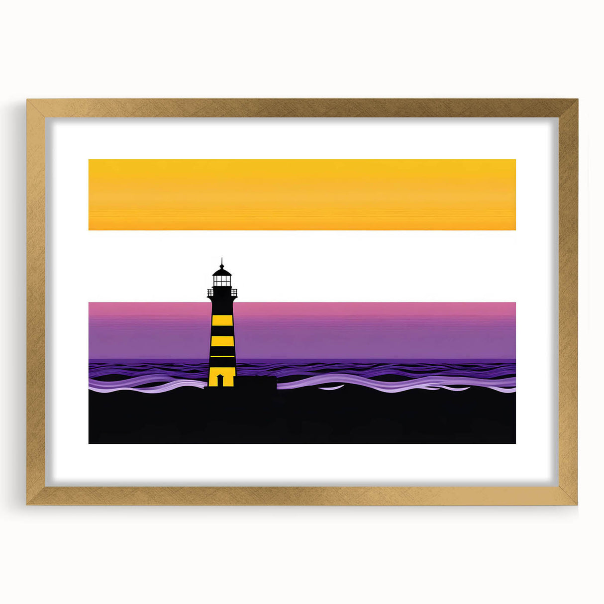 Framed wall art featuring a serene lighthouse landscape design with a gold mat, perfect for coastal decor and adding elegance to any room.