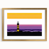 Framed wall art featuring a serene lighthouse landscape design with a gold mat, perfect for coastal decor and adding elegance to any room.