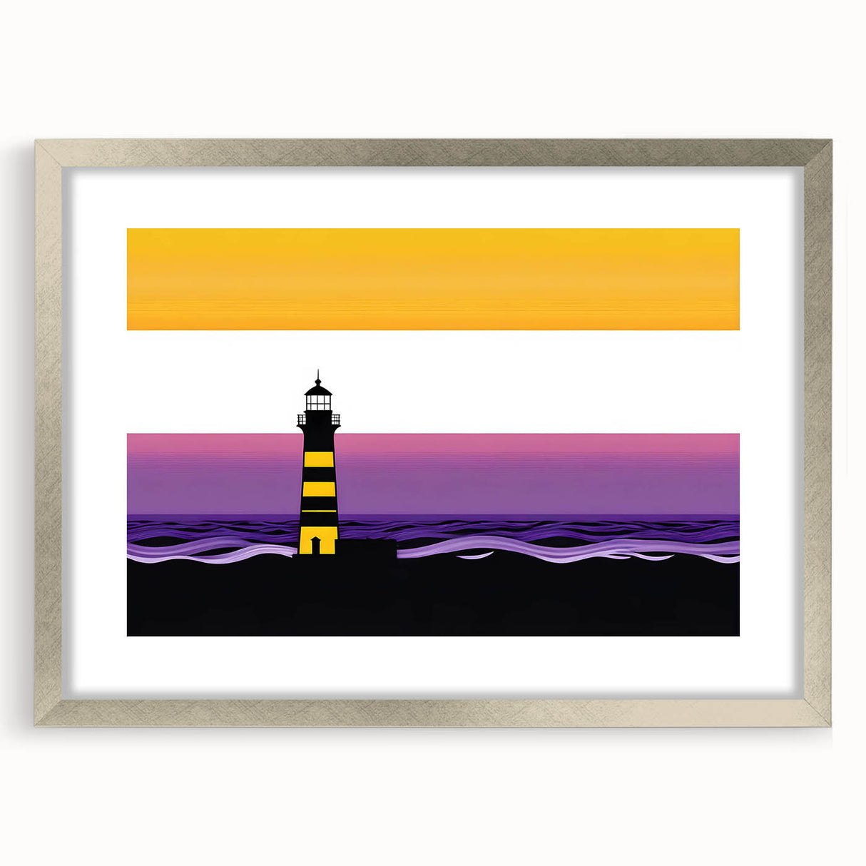 Framed landscape wall art featuring a silver mat and a lighthouse design, perfect for coastal decor. Adds elegance to any room with its serene imagery.