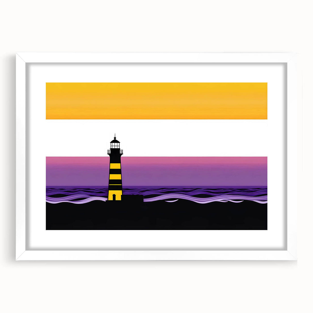 Elegant wall art featuring a lighthouse design set against a serene landscape, framed with a white mat for a clean, modern look, ideal for home decor.