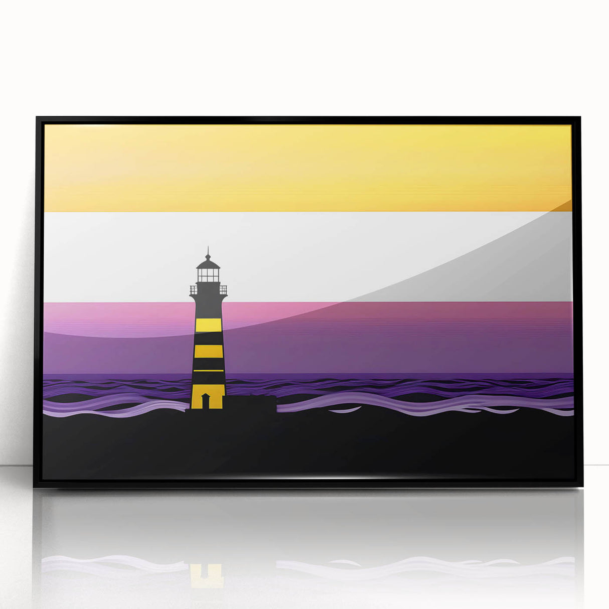 Framed wall art showcasing a serene lighthouse design with vibrant coastal colors, set in a sleek black frame, perfect for enhancing home decor.