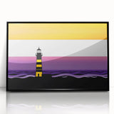 Framed wall art showcasing a serene lighthouse design with vibrant coastal colors, set in a sleek black frame, perfect for enhancing home decor.