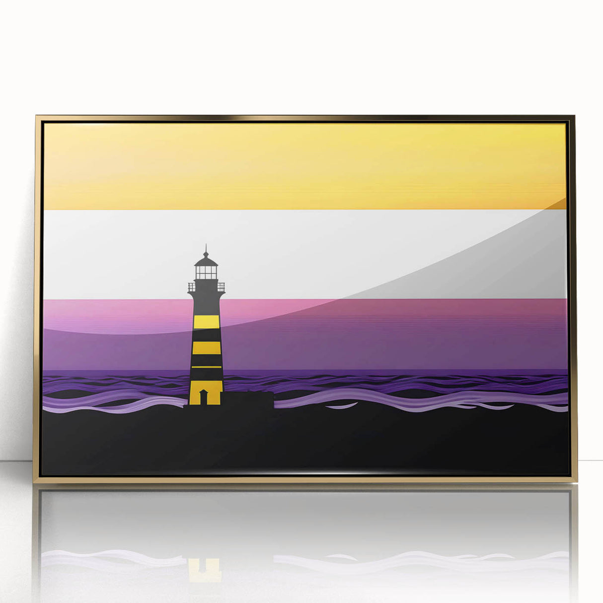 Framed acrylic wall art featuring a stunning golden lighthouse design, showcasing vibrant colors and intricate details, perfect for enhancing coastal-themed decor.