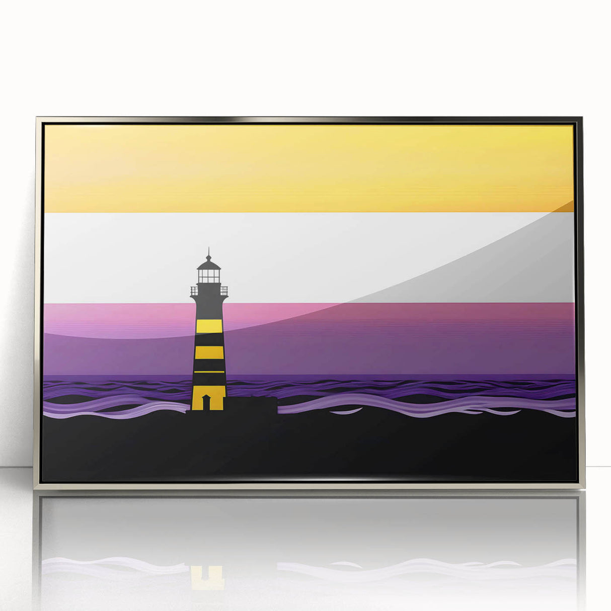 Framed wall art featuring a serene lighthouse design in a coastal landscape, showcasing vibrant colors and detailed textures, ideal for nautical-themed decor.