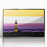 Framed wall art featuring a serene lighthouse design in a coastal landscape, showcasing vibrant colors and detailed textures, ideal for nautical-themed decor.