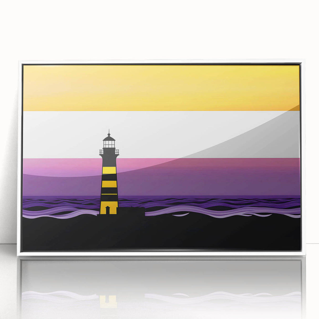 Framed wall art featuring a serene lighthouse design with ocean waves and a vibrant sunset, showcased in a modern white frame for stylish decor.