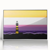 Framed wall art featuring a serene lighthouse design with ocean waves and a vibrant sunset, showcased in a modern white frame for stylish decor.