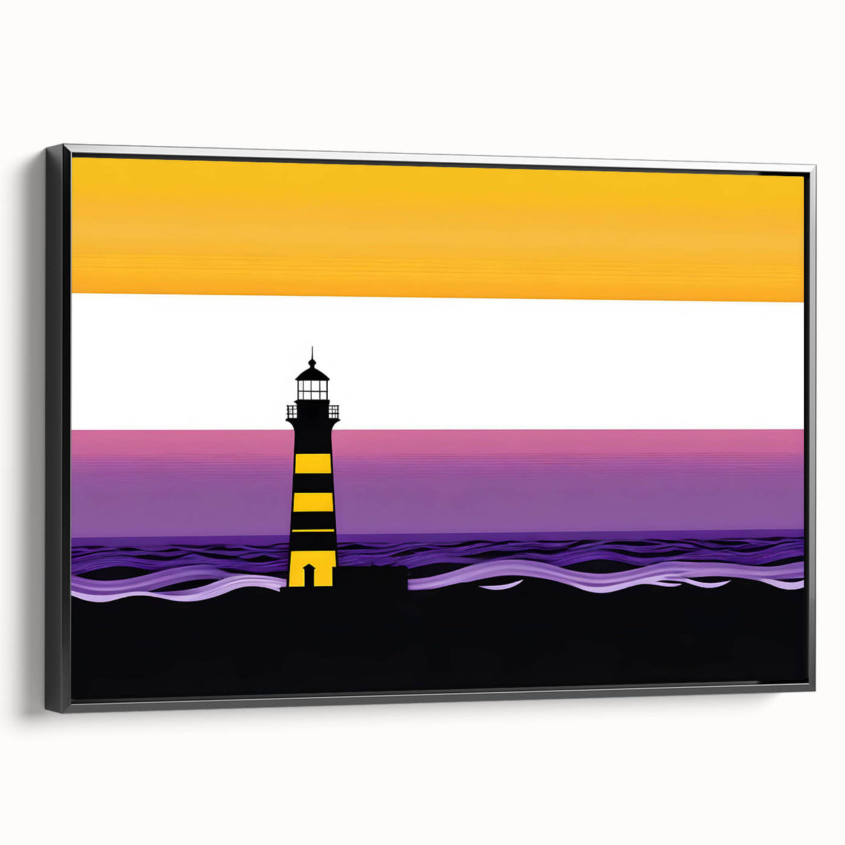 Framed canvas wall art showcasing a stunning lighthouse landscape design with vibrant colors, set against a black frame, ideal for coastal decor enthusiasts.